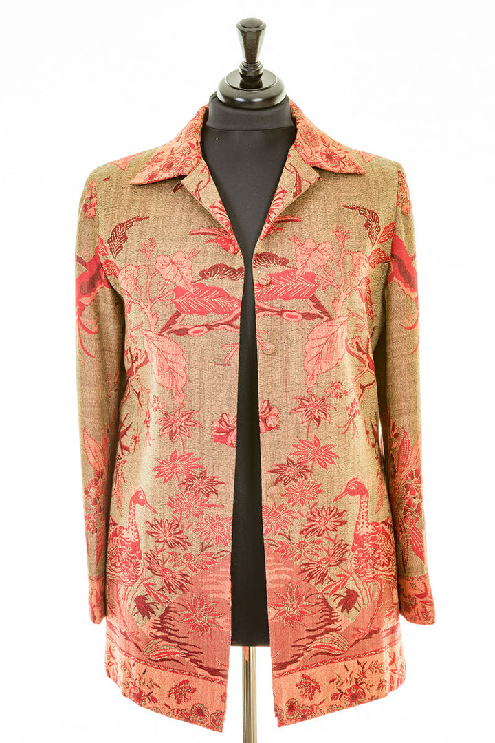 Plus size ladies jacket. Tree of life pattern in red on brown longline jacket. 