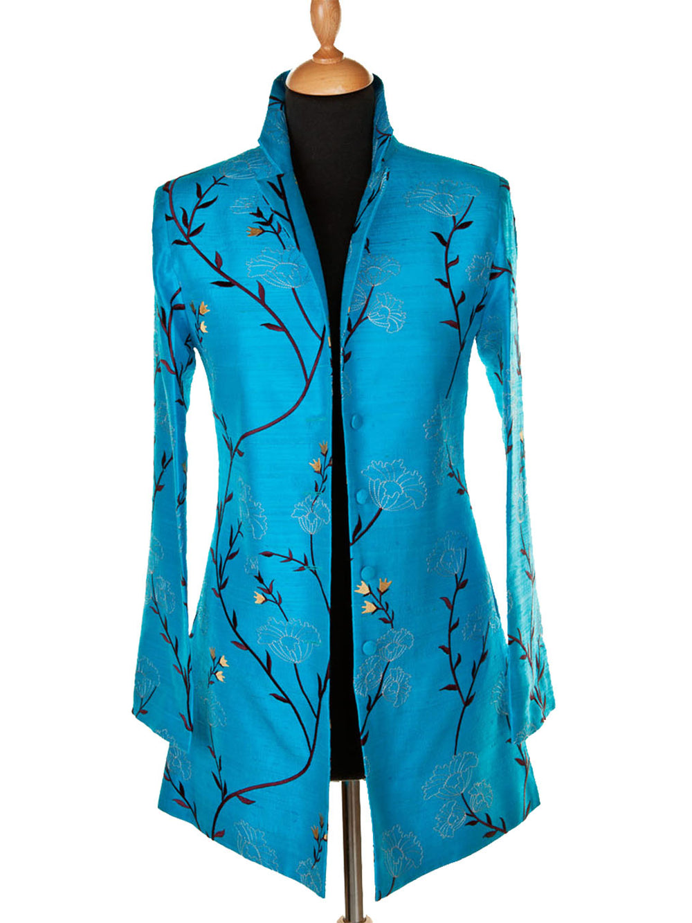 Blue fitted jacket for women, longline jacket. Embroidered silk jacket. 