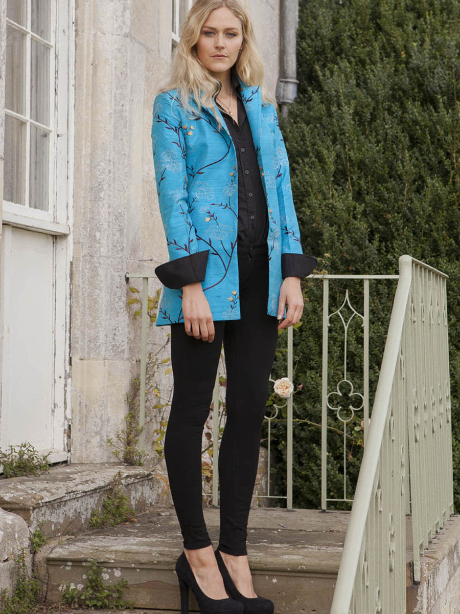 Longline turquoise jacket for weddings. Raw silk jacket with delicate floral pattern. 