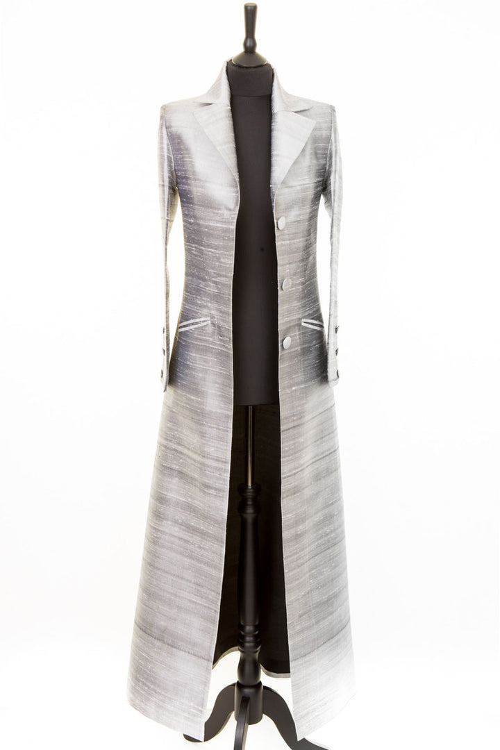 Full length dress coat in silver silk fabric. Maxi bridal coat for winter bride. 