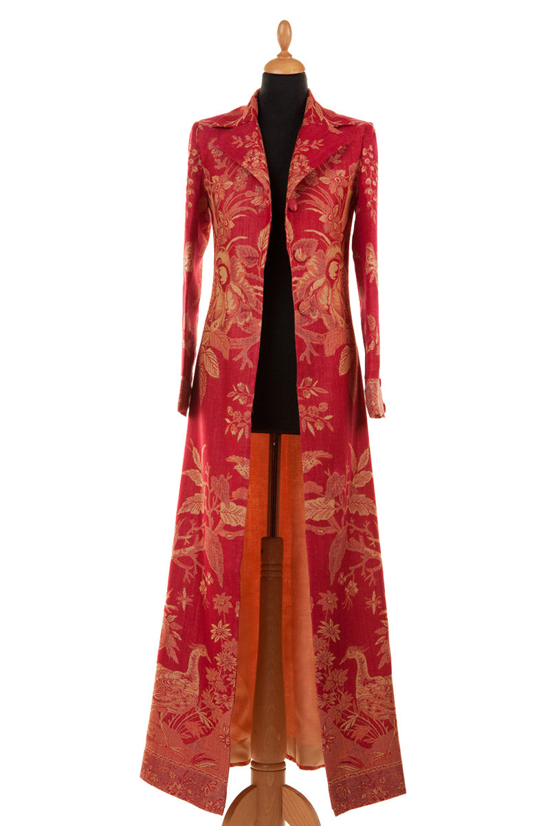 An ideal coat for a night at the opera. Long red cashmere coat with flower and birds pattern. Showstopping coat. 