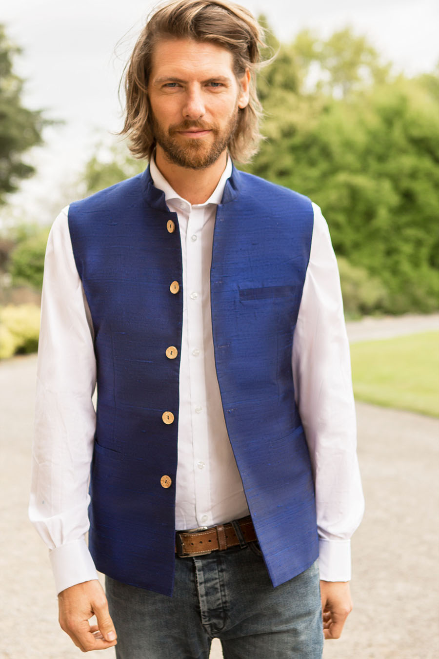 Blue silk waistcoat for men. Best men's outfit. Handmade waistcoat with high collar. 