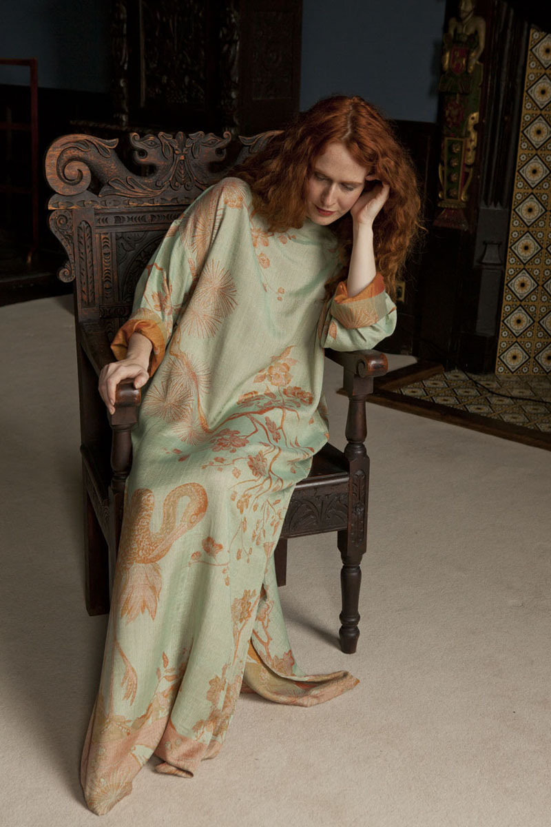 pale green apricot cashmere kaftan, tree of life pattern, full length kaftan, womens caftan, cruise wear, holiday cover up, luxury loungewear