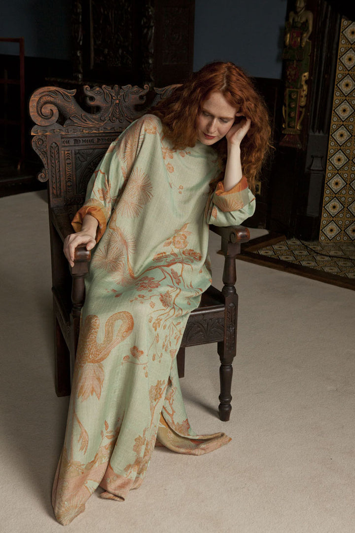 pale green apricot cashmere kaftan, tree of life pattern, full length kaftan, womens caftan, cruise wear, holiday cover up, luxury loungewear