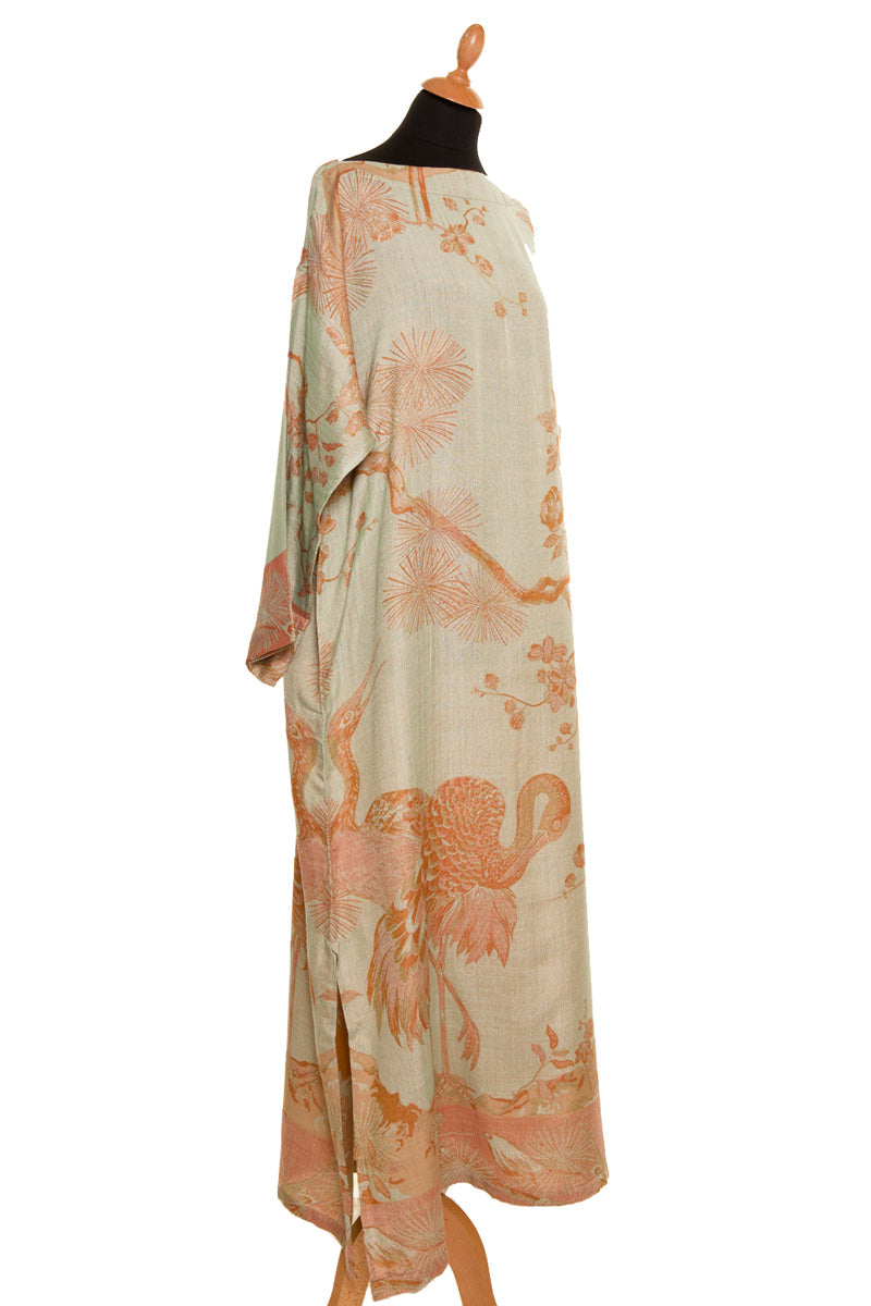 pale green apricot cashmere kaftan, tree of life pattern, full length kaftan, womens caftan, cruise wear, holiday cover up, luxury loungewear