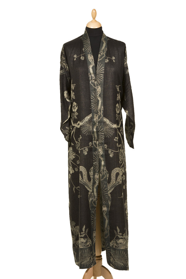 Kimono style dressing gown. Elegant long gown with floral pattern. 