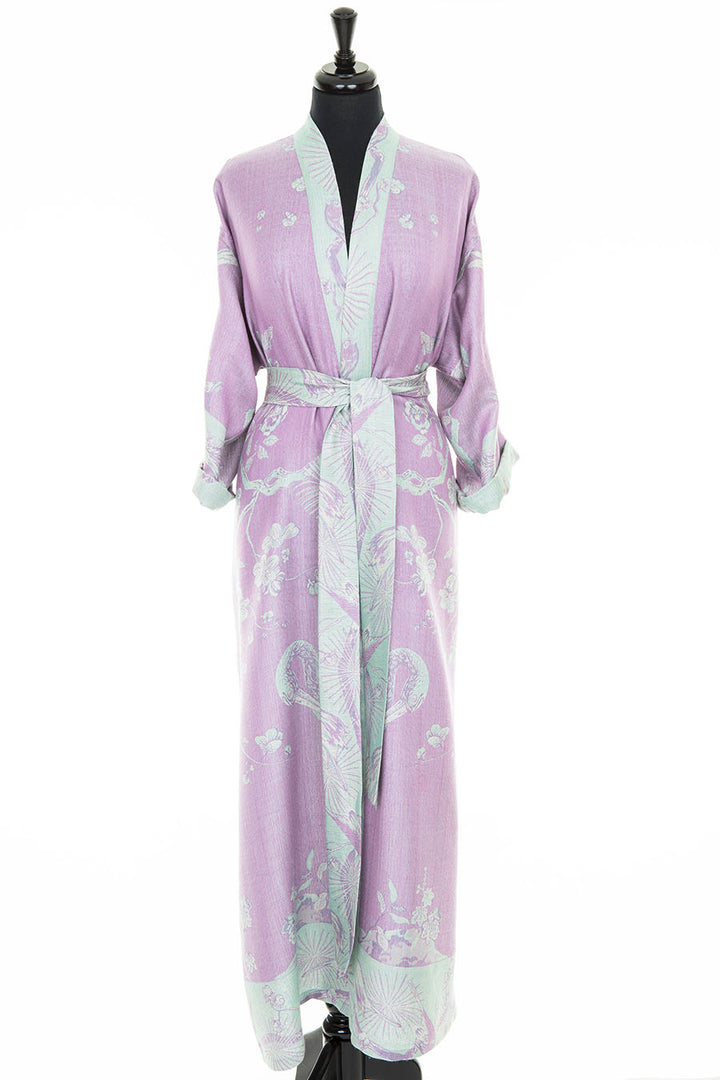 Lilac long dressing gown. Floral pattern gown for women with a belt. This gown is fully reversible with green inside. 