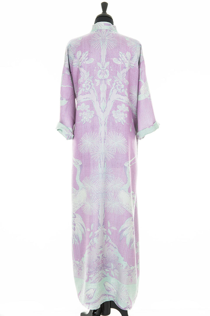 Back of maxi dressing gown with tree of life patter in light purple colour. 