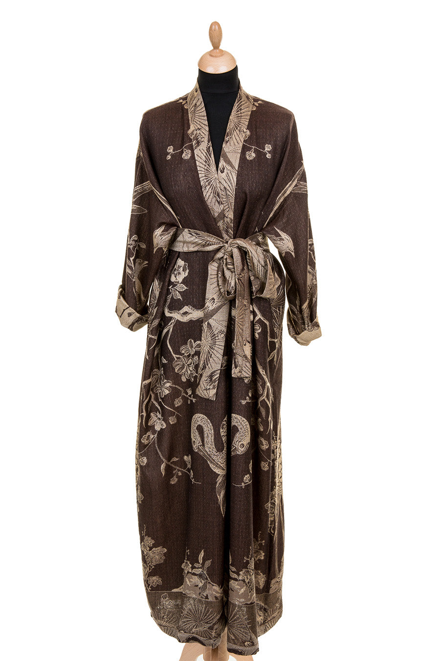 Long brown dressing gown handmade from cashmere and beige pattern. Flowers and birds gown. 