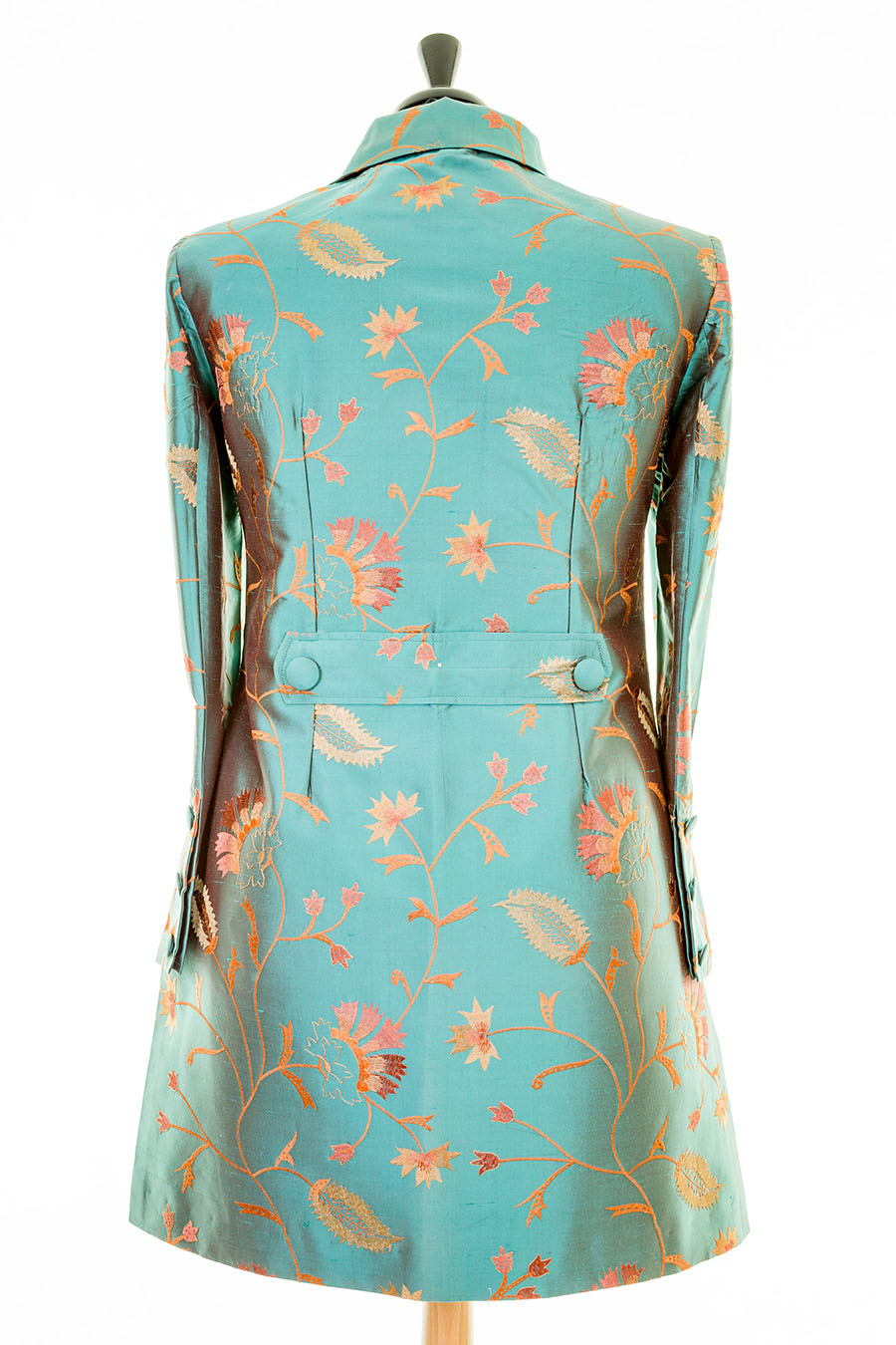 Aqua teal fitted ladies oat in blue colour with beautiful gold embroidered flowers. Stunning mother of the bride or groom mid length coat. 