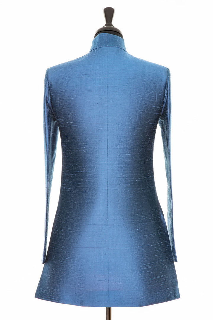 Raw silk tailored jacket for women. Blue nehru jacket. 