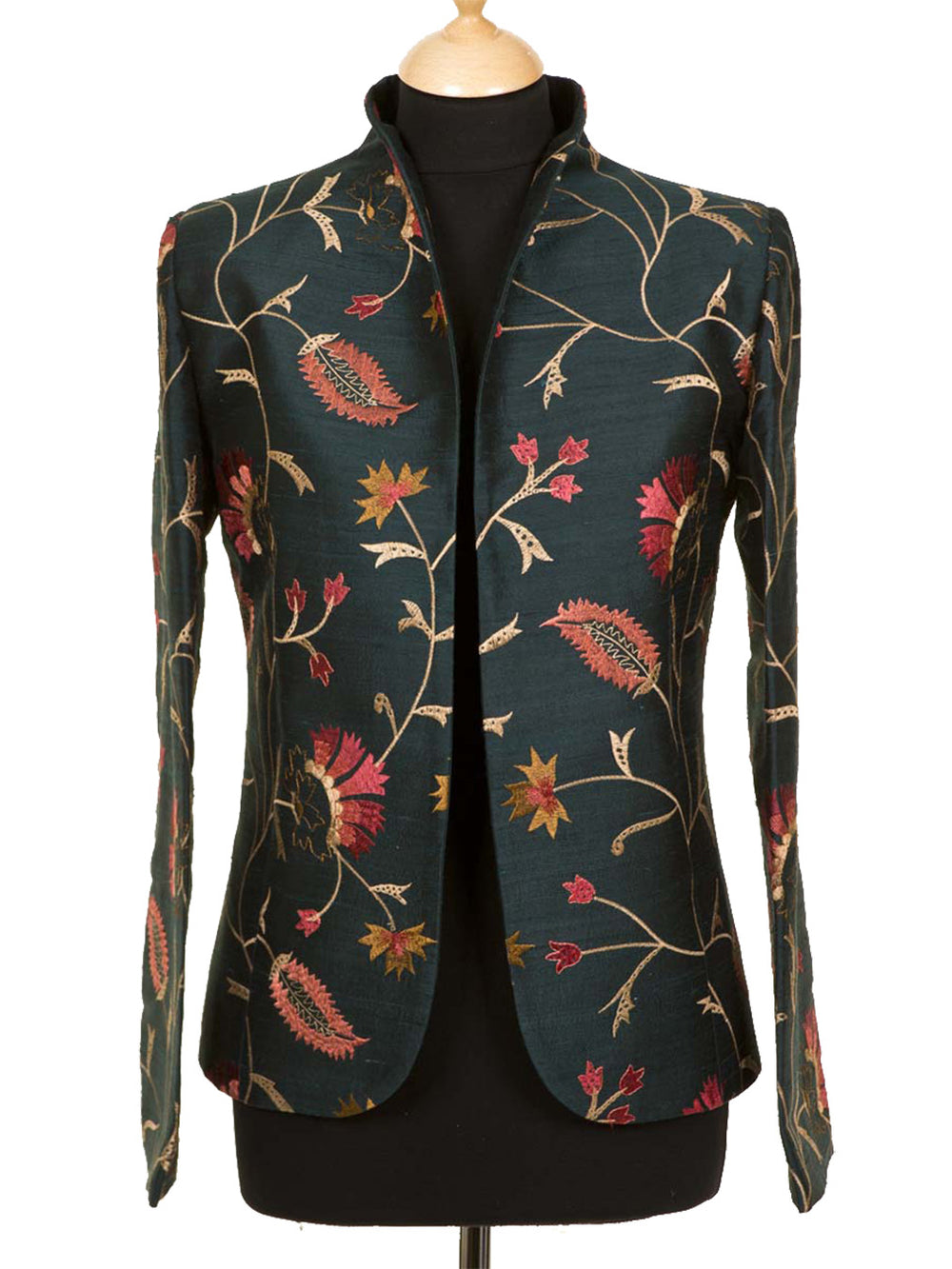 Shibumi Women's Anya Silk Jacket in Mineral, dark green embroidered silk jacket