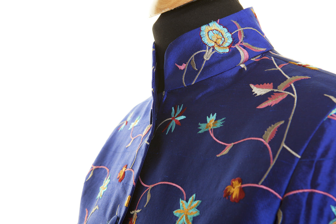 nehru collar blue coat in floral fabric