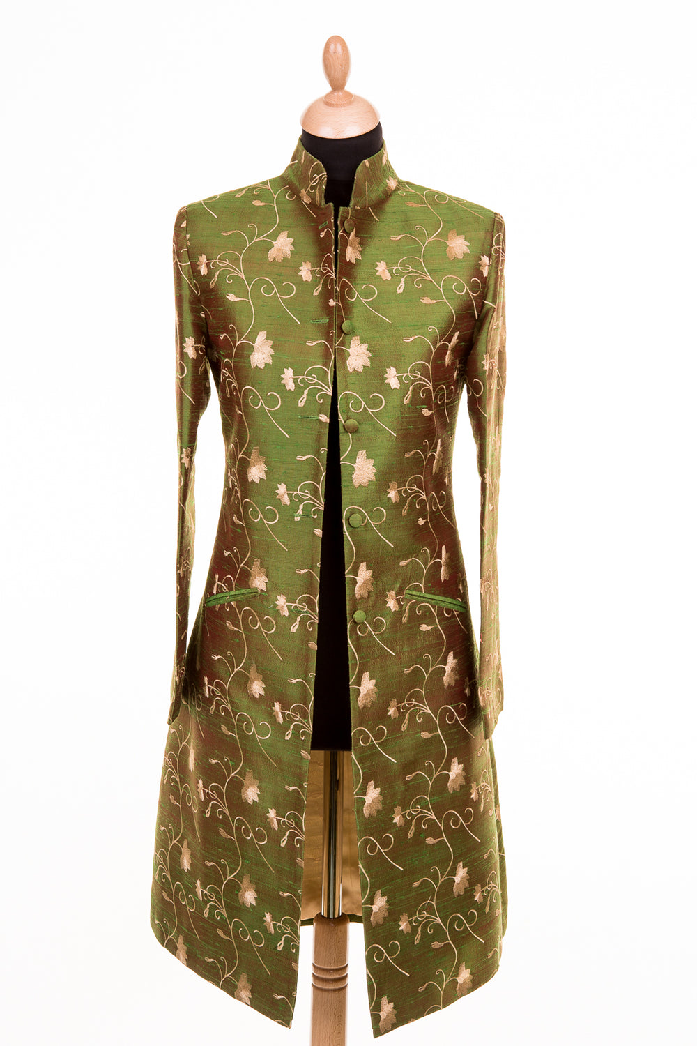 Green mid length women's coat with floral pattern. Mother of the groom elegant coat. 