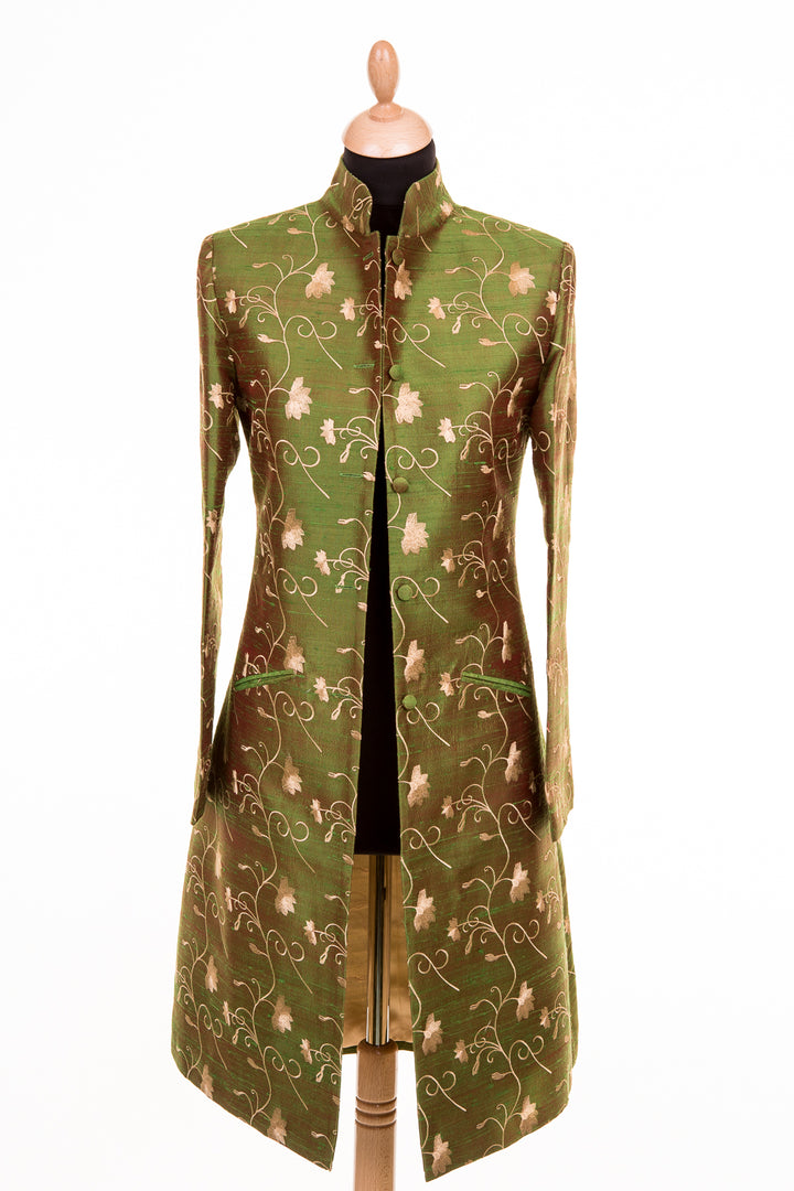 Green mid length women's coat with floral pattern. Mother of the groom elegant coat. 