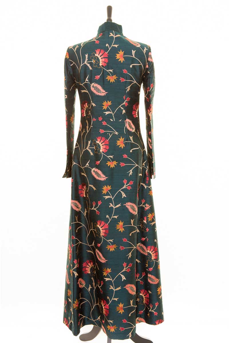 Maxi coat made from embroidered silk with flower pattern