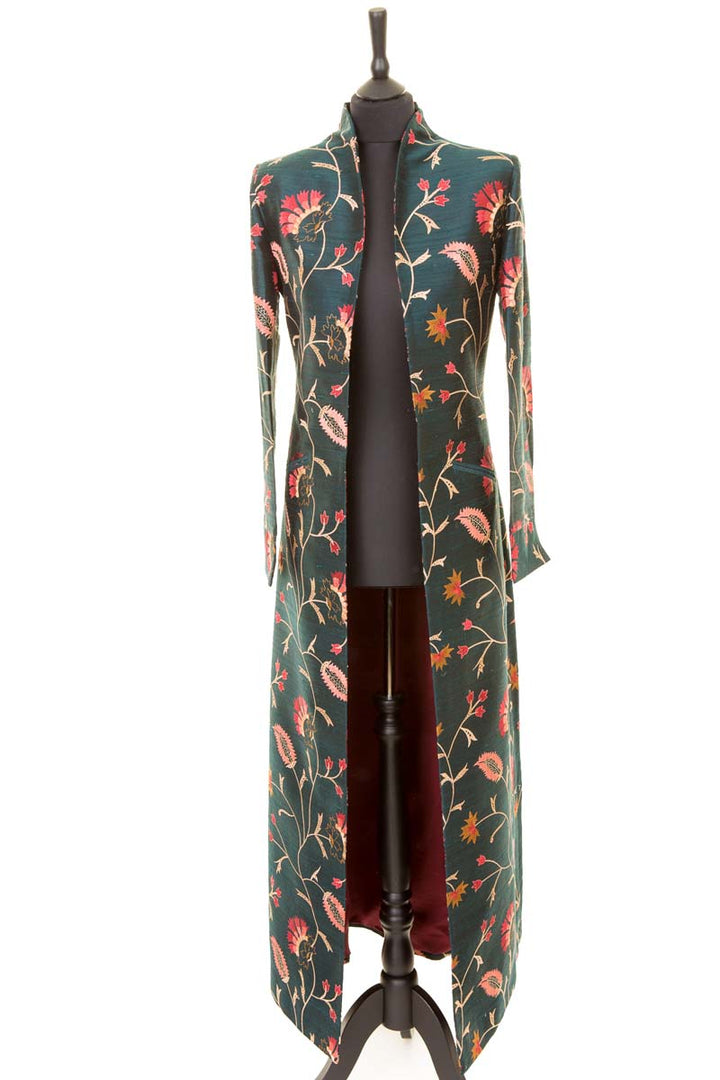 Dark green silk coat with flower motif. Elegant event coat for women. 