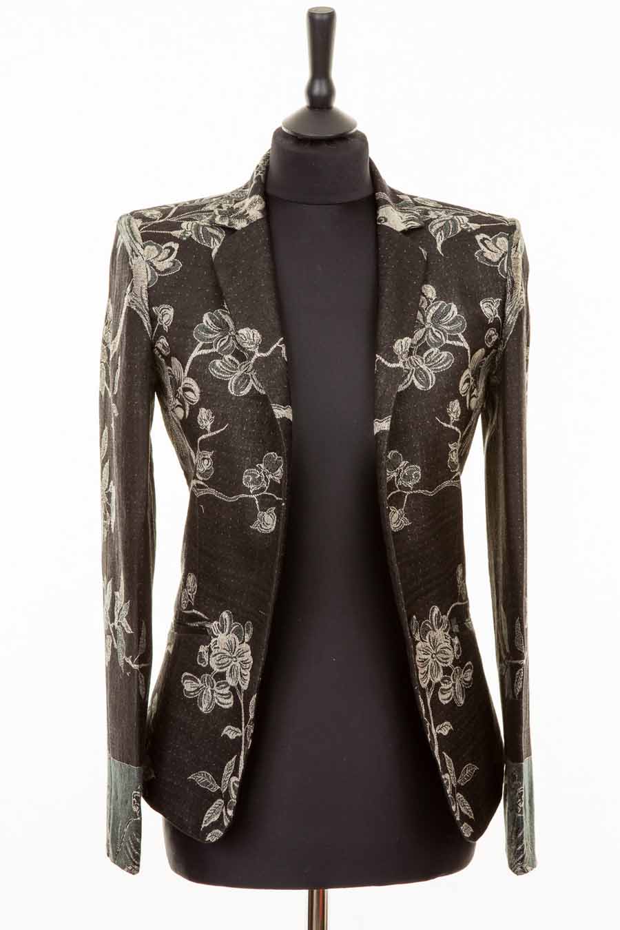 Black fitted women's blazer with silver flowers. Funeral jacket for women. 