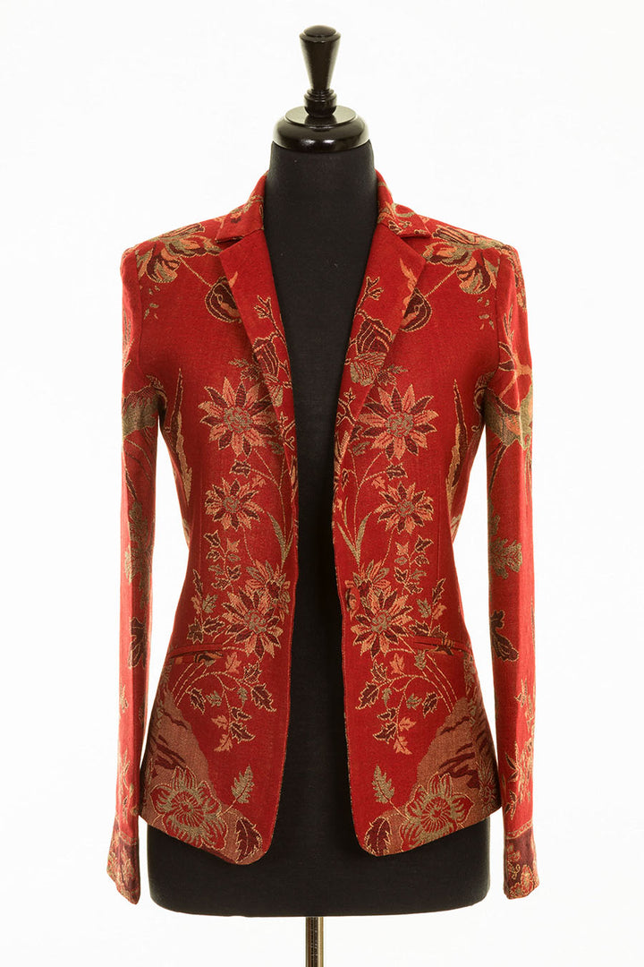 Rich red colour unique women's jacket. Wedding guest jacket for women over 60. 