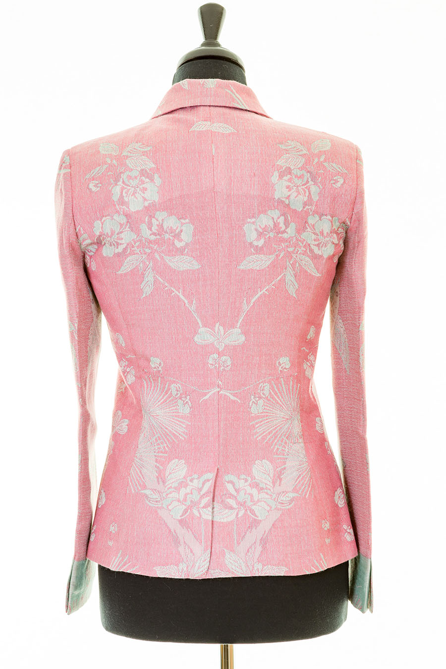 Back of a fitted jacket in pink with lower motif. Perfect wedding guest pink jacket. 