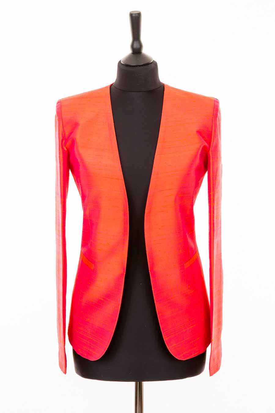 bright orange and pink raw silk fitted jacket for women, collarless blazer, mother of the bride outfit, wedding guest jacket