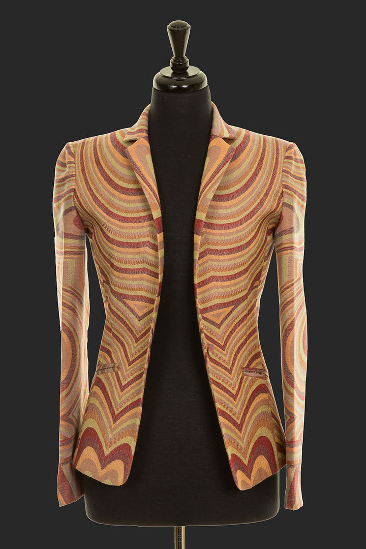 Abstract pattern jacket in red, yellow, green and orange. Art deco women's jacket. 