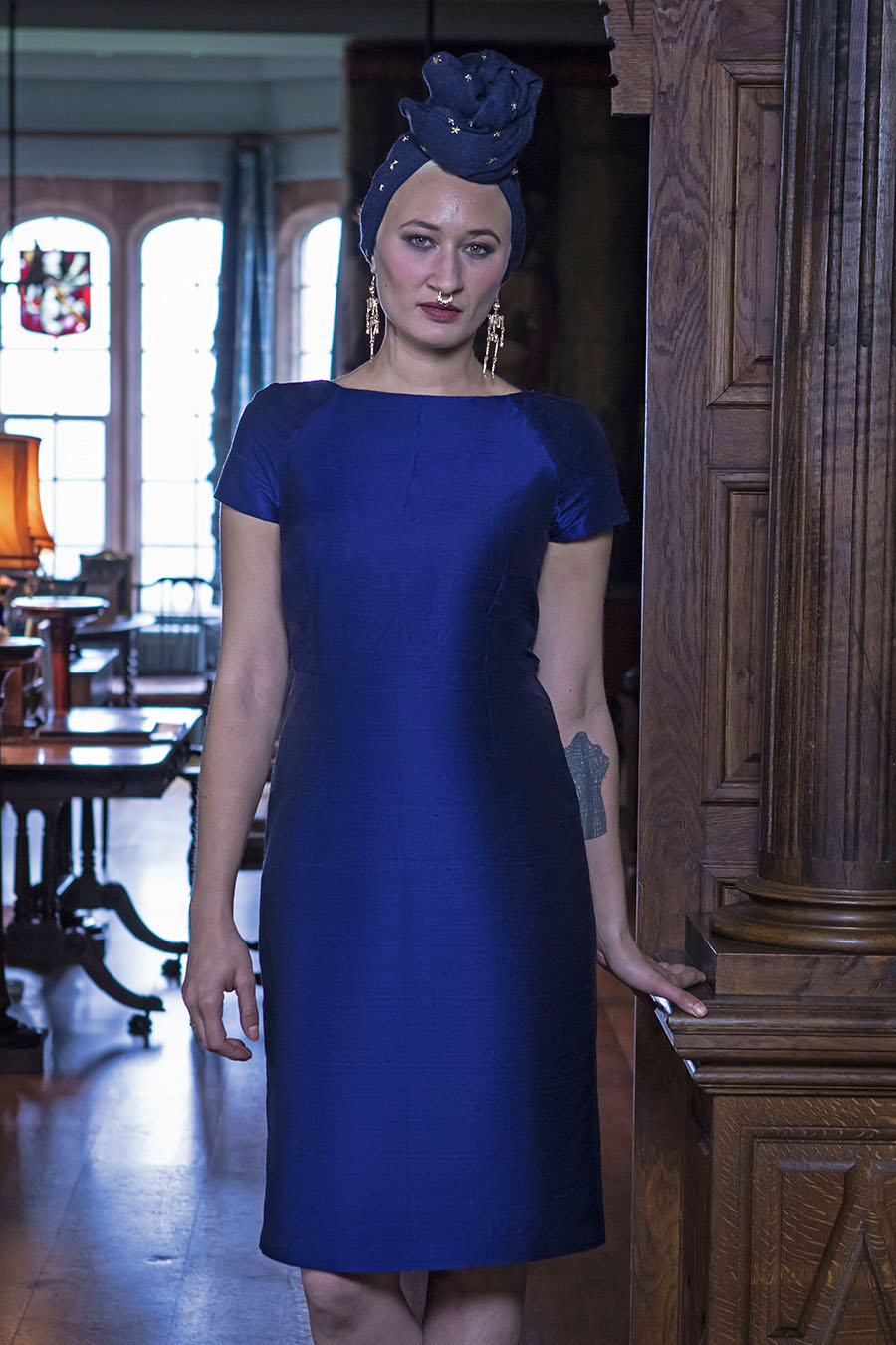 Hepburn Silk Dress in Midnight Blue