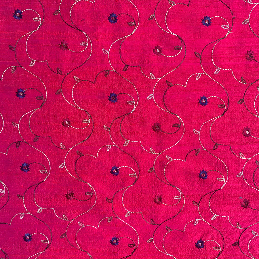 silk red fabric with embroidered flowers