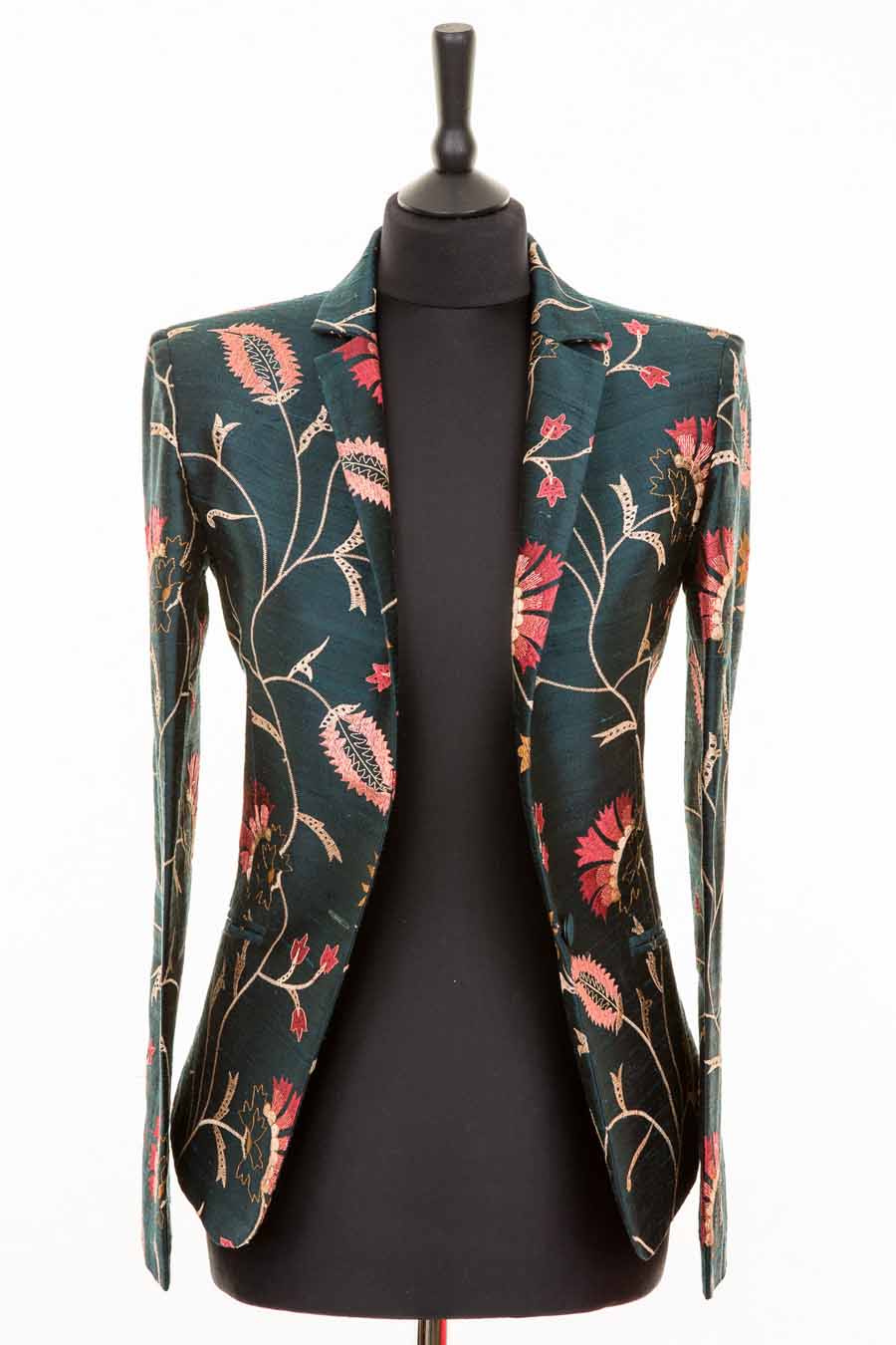 Silk green blazer. Women's floral jacket. 