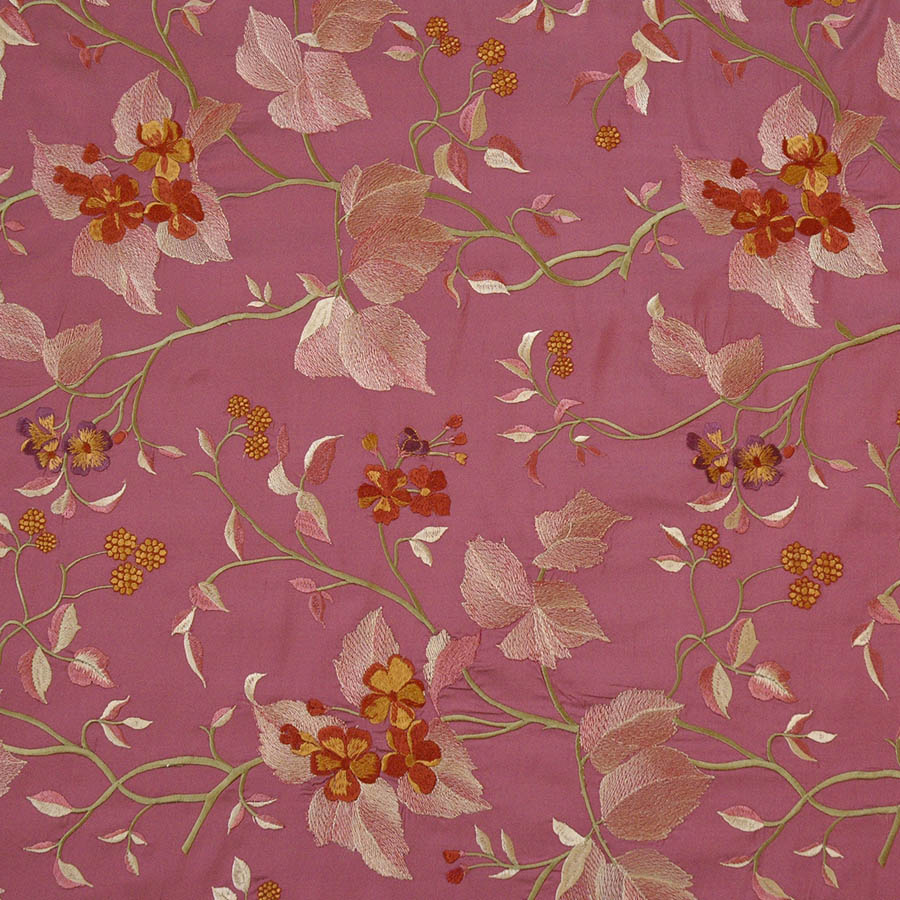 pink silk fabric with floral embroidery 