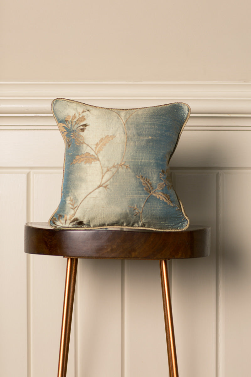 Small armchair cushion in lovely blue colour. Silk with embroidery cushions and pillows for English Country Houses. 