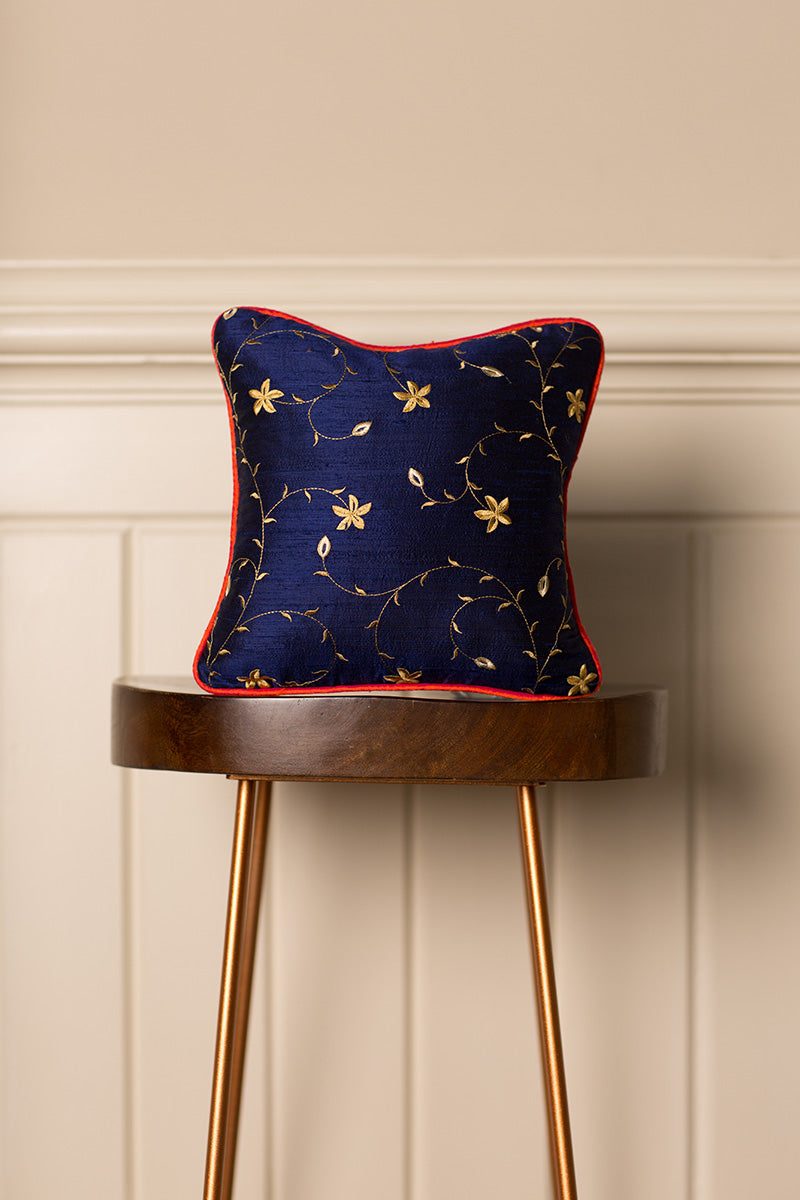 Navy blue sofa cushion in small size. Golden embroidery on small silk pillow. Pick your own pipping. 