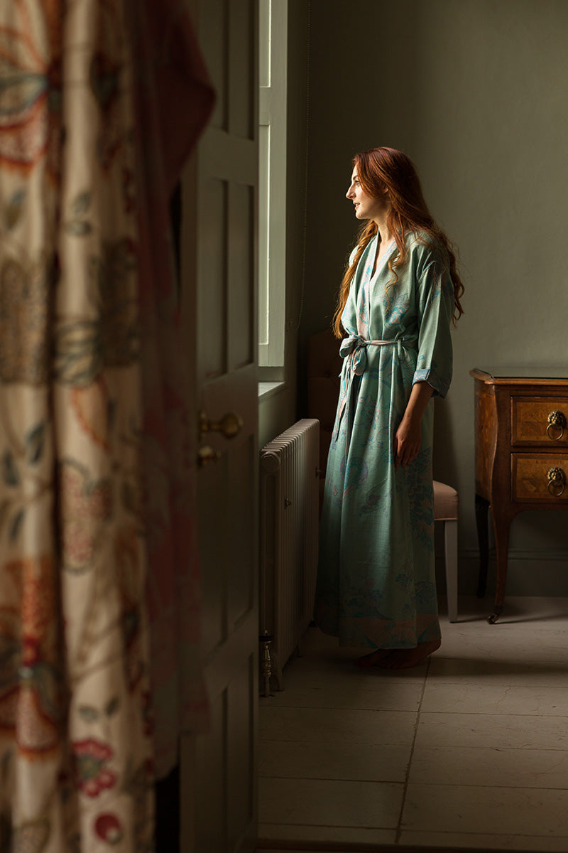 Morning bride outfit. Belted cashmere dressing gown in blue and green. Reversible dressing gown for women. 