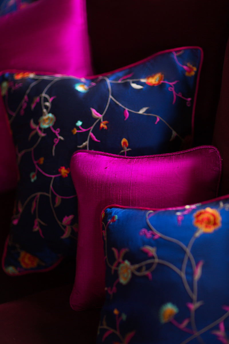 Sofa cushions handmade in Uk from raw and embroidered silk. 