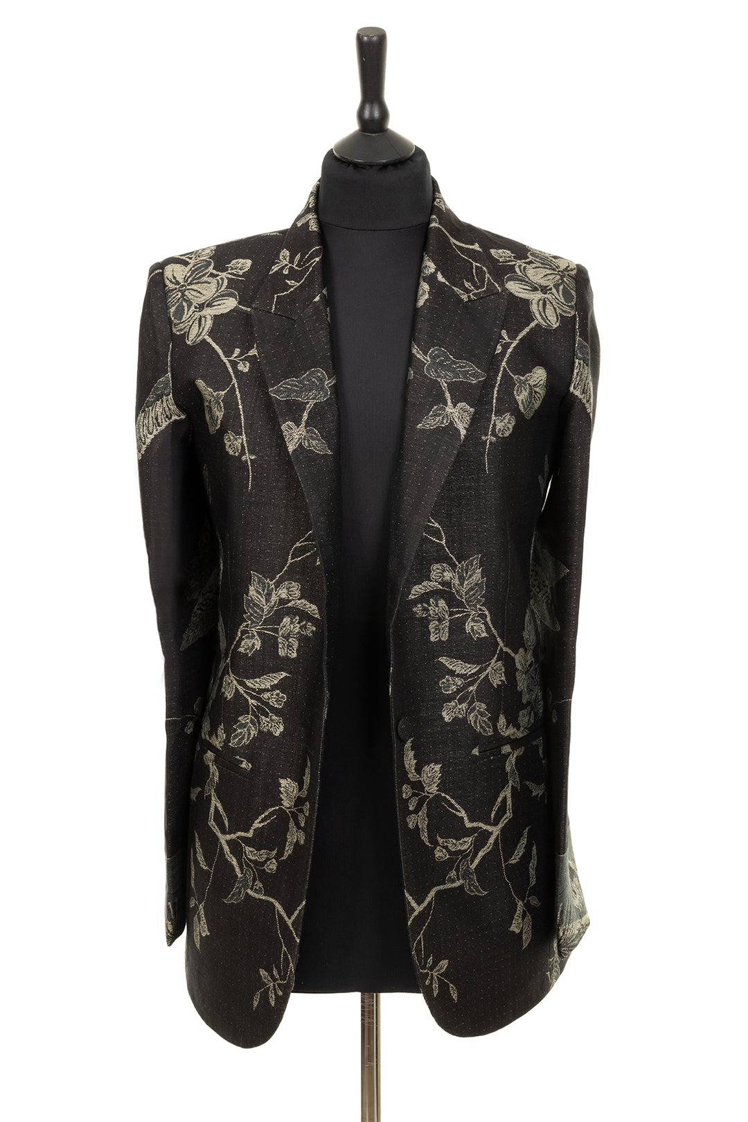 Classic black jacket for women with silver floral pattern. Cashmere women's jacket for events. 