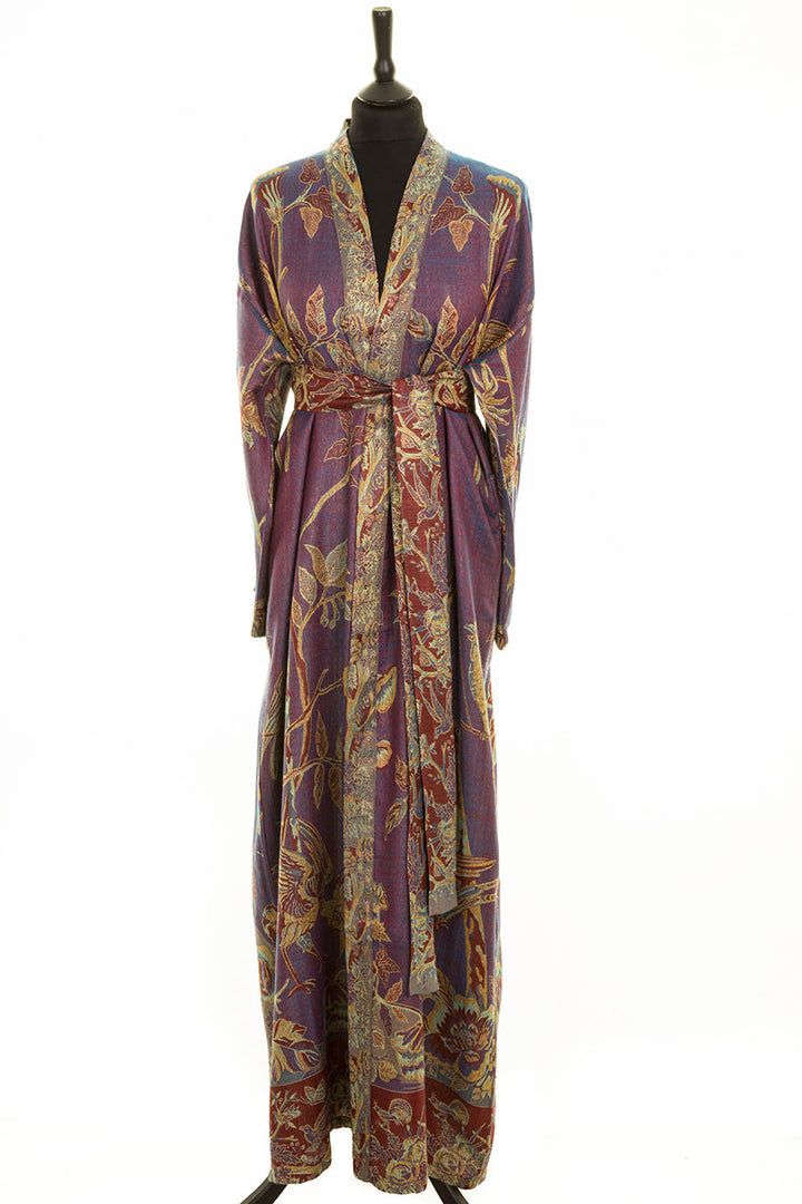 Luxury gift for her. Long purple dressing gown handmade from cashmere and silk. Belted long gown. Summer dress for plus size. 