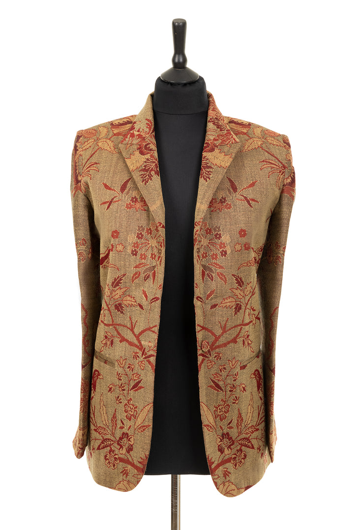 Classic cut women's jacket made from cashmere. Light jacket for women in brown with red flowers 