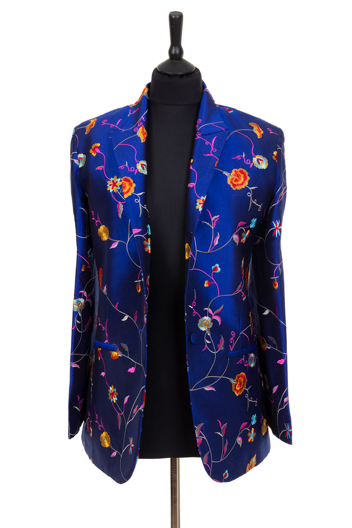 Classic style silk jacket for women. Blue jacket with floral embroidery. Mother of the groom jacket. 