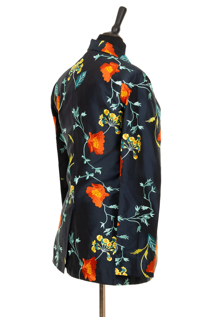 Beautiful dark blue jacket with floral pattern in blue yellow and orange. Wedding guest jacket for ladies. 