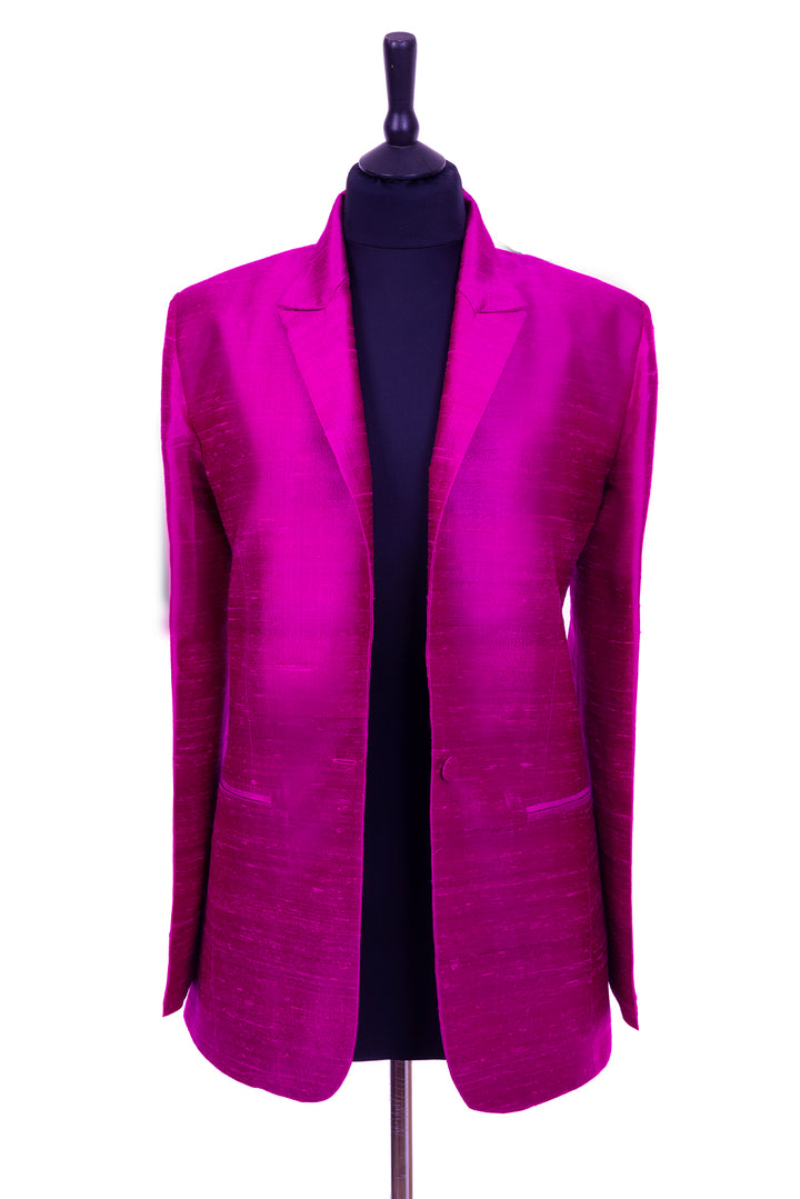 Classic women's blazer in bright dark pink colour. Raw silk smart jacket for women. 