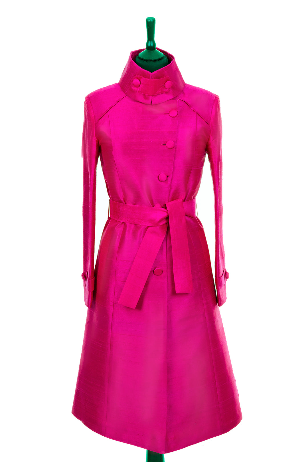 Shibumi Silk Trench Coat in Hot Pink. Belted coat in pink silk. 