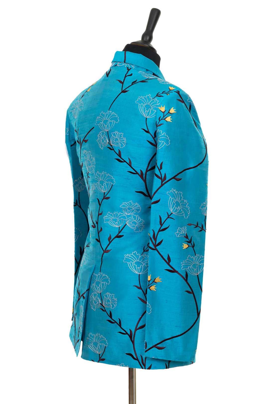 Raw silk fabric jacket with embroidery. Light blue women's jacket for special occasion. 