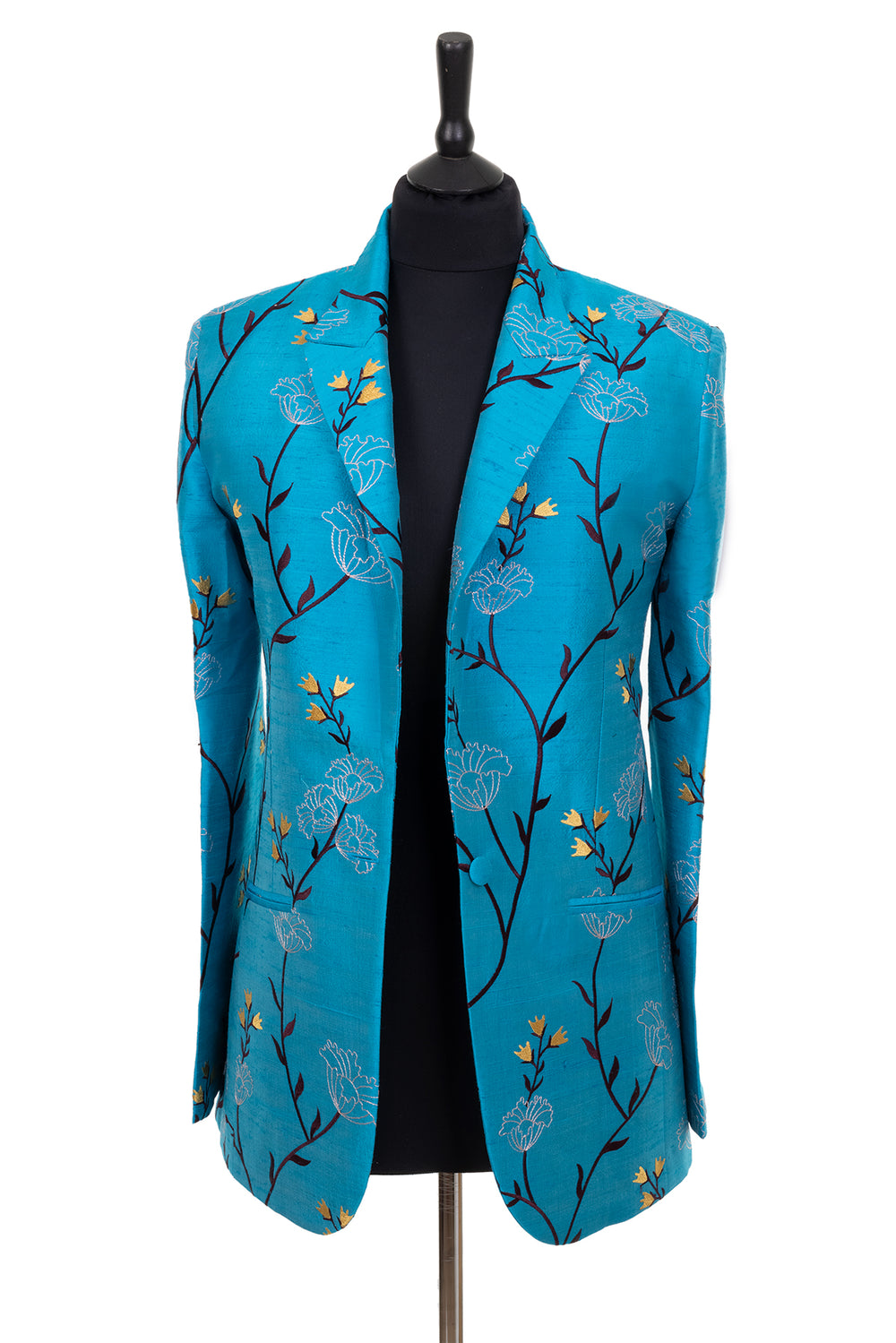 Blue silk blazer with floral motif. Wedding guest jacket. Mother of the groom jacket in blue. 