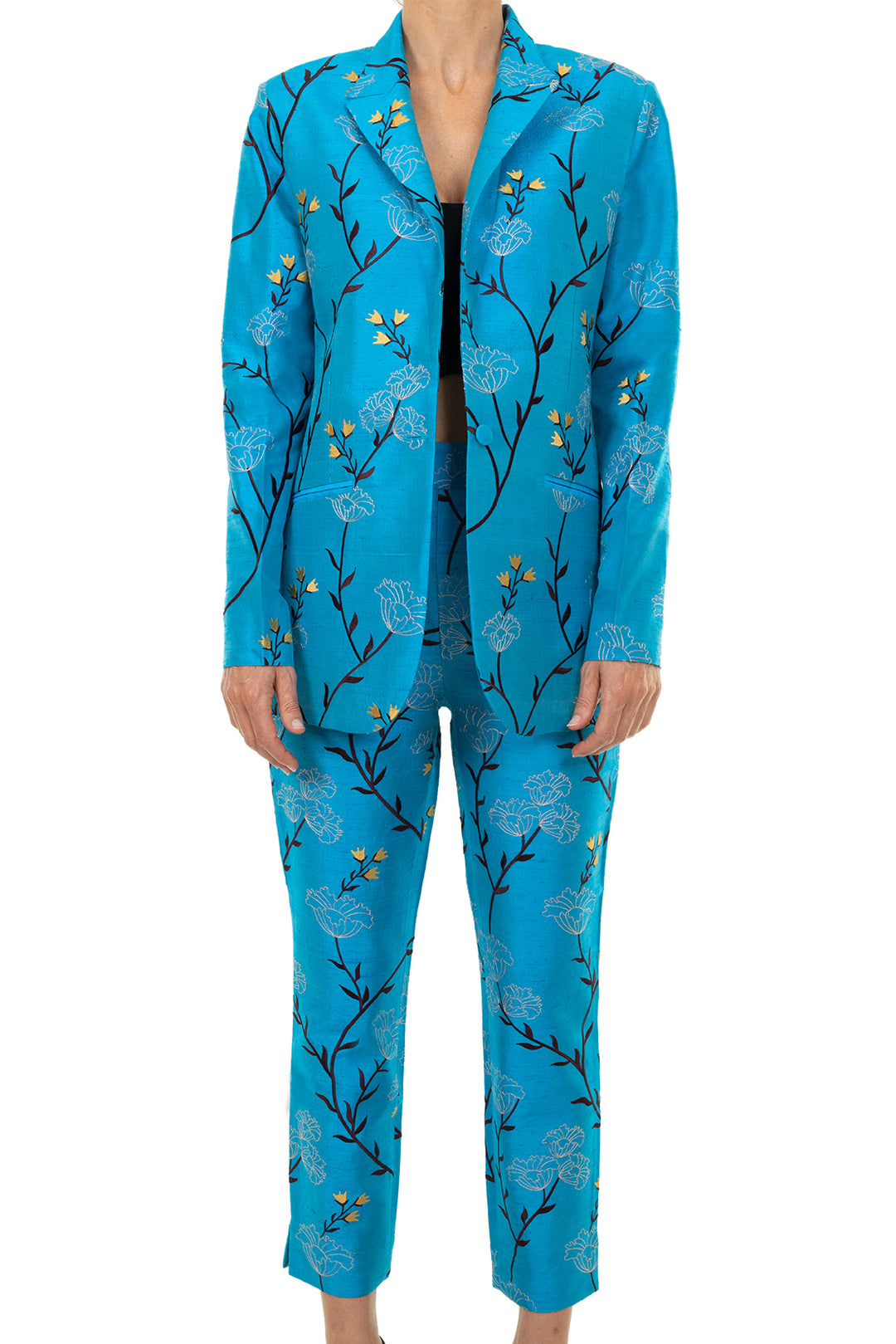 Unique suit for women. Silk turquoise suit with embroidered flowers. Plus sizes available. 