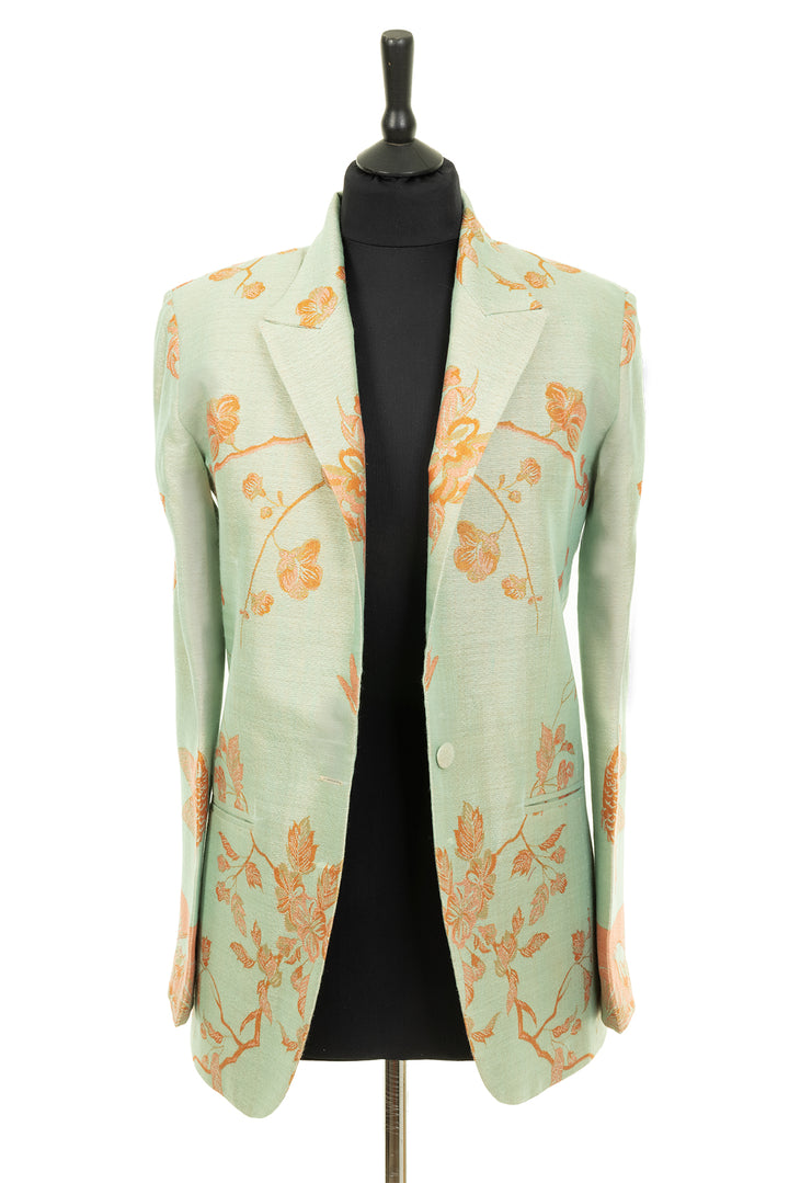 Pale green jacket for women that is straight cut with yellow flowers. Wedding jacket for women. 