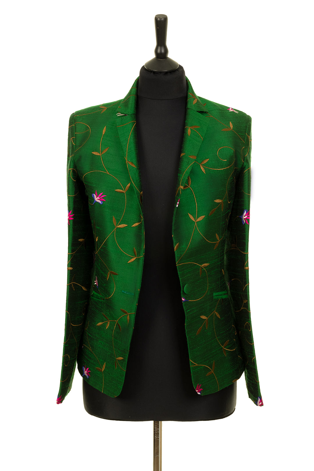 Green fitted women's blazer with soft floral embroidery. One button and two pockets jacket. 