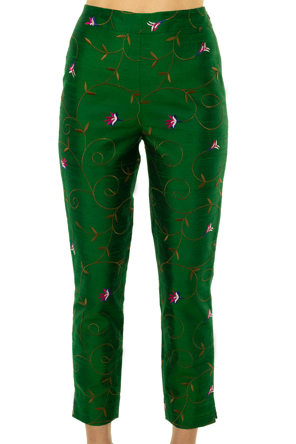 Straight leg trousers in green with soft floral embroidery. Elegant wedding guest trousers. 