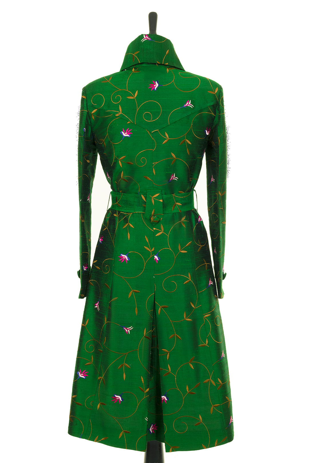 Shibumi Silk Trench Coat in Emerald Green rear view