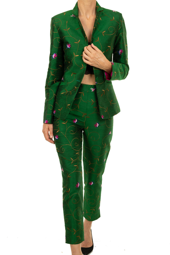 Nina blazer in emerald green. Silk fitted suit in green with soft embroidery. Wedding guest suit for women. 