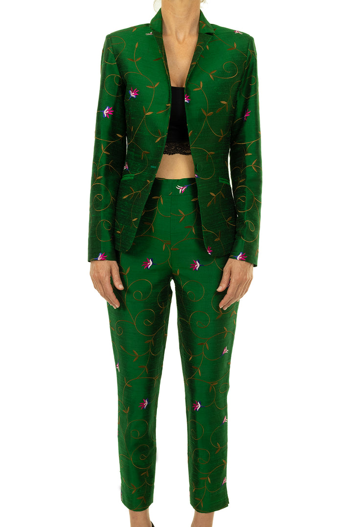 Green straight leg women's suit. Silk embroidered fitted suit. Wedding guest outfit. 